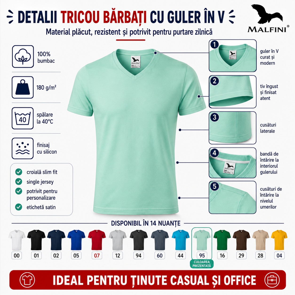 Tricou bărbați Malfini 146 cu guler &icirc;n V disponibil &icirc;n 14 culori pentru casual, office și personalizare